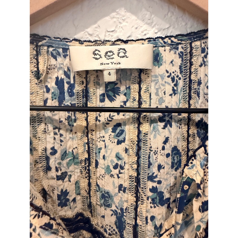 Sea New York Doe Print Blue Floral Silk Puff Sleeve Tassel Blouse Top Size 4 - Picture 4 of 11
